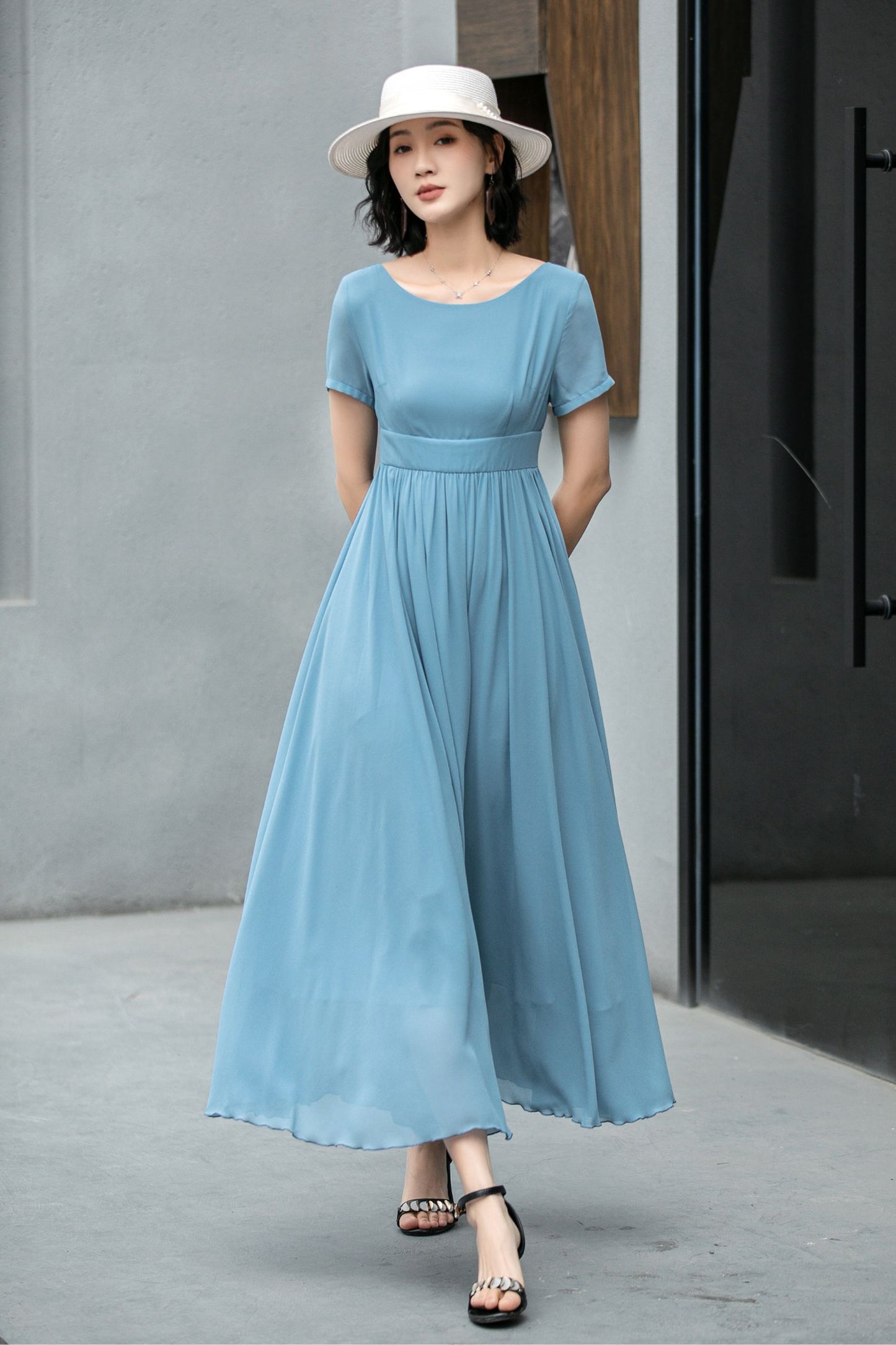 Hight waist Blue chiffon maxi dress 5862