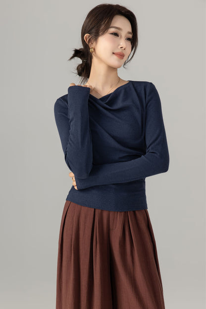 Navy Cotton Knit Long Sleeve Top – Slim Fit Drape Neck Shirt 5699