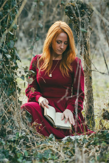 Burgundy Linen Cotton Maxi Dress - Pleated Waist & Lantern Sleeves 5105