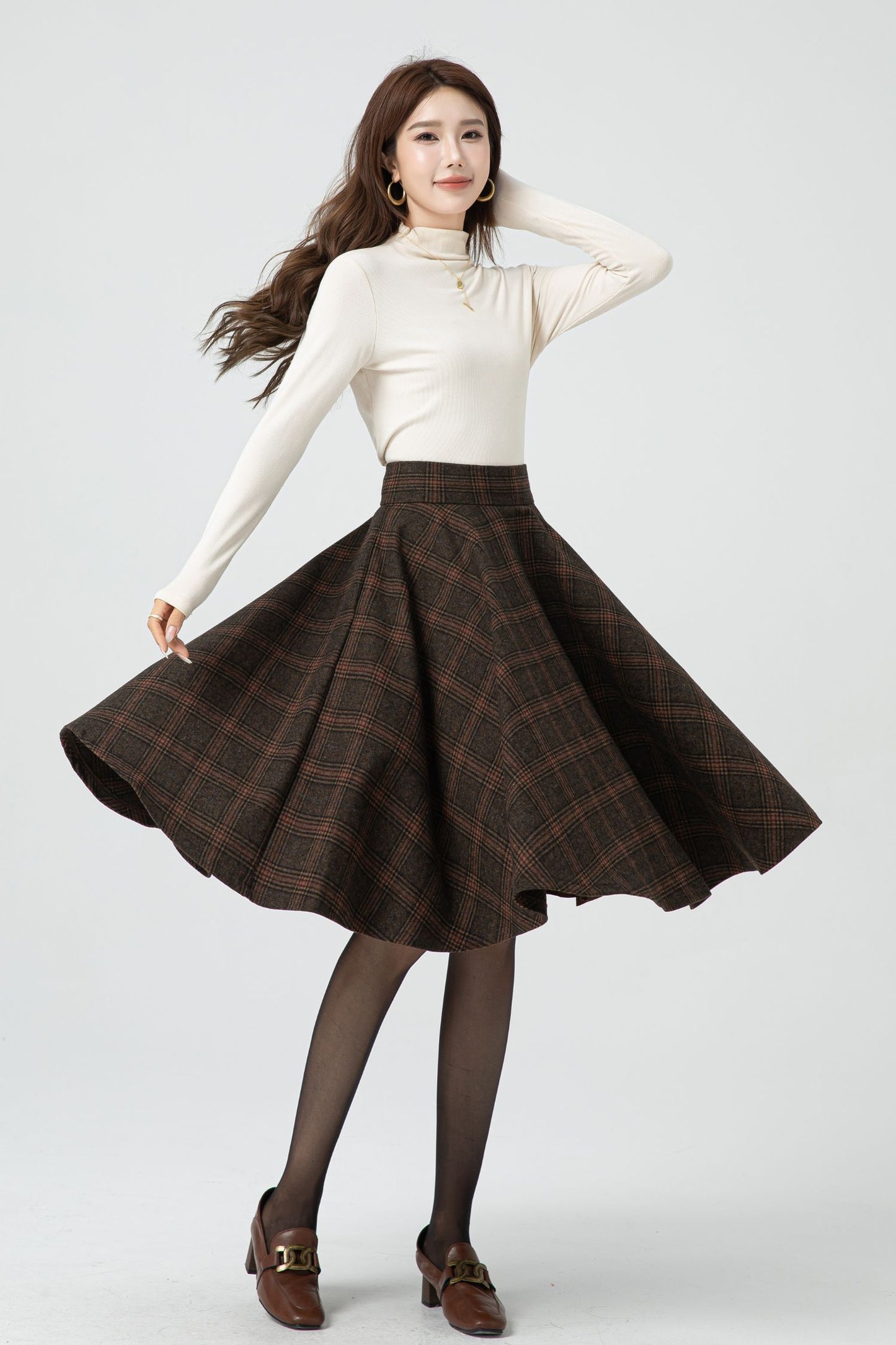 Handmade Knee length plaid winter wool skirt 5323