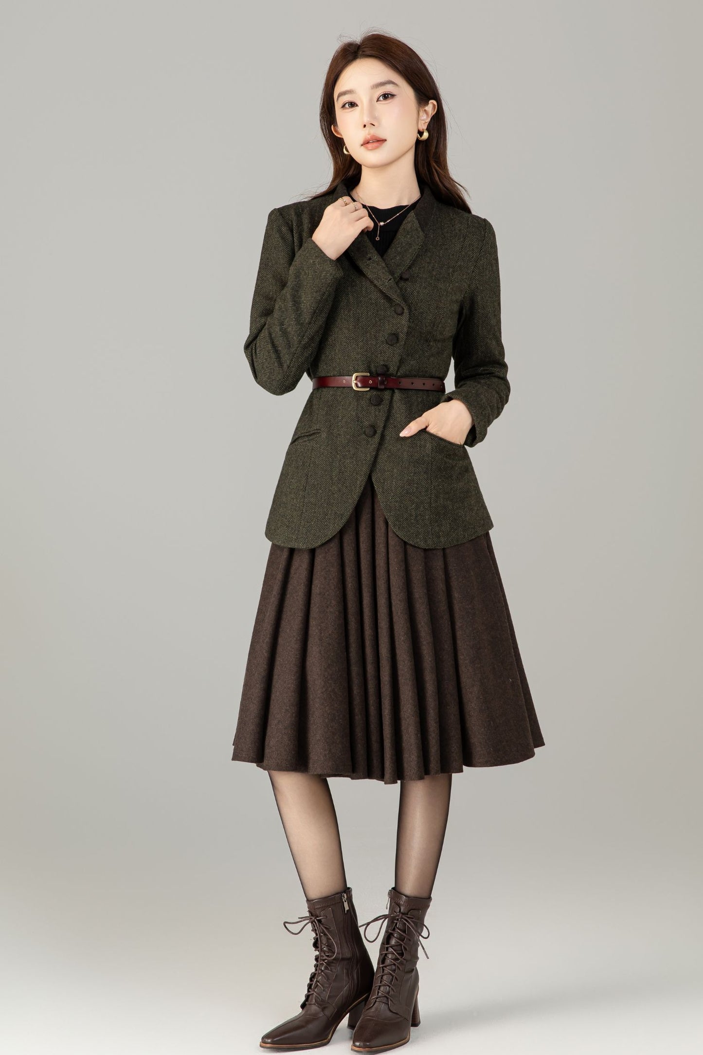 Handmade Wool Blend Herringbone Jacket – Vintage Short Coat | Xiaolizi 6496