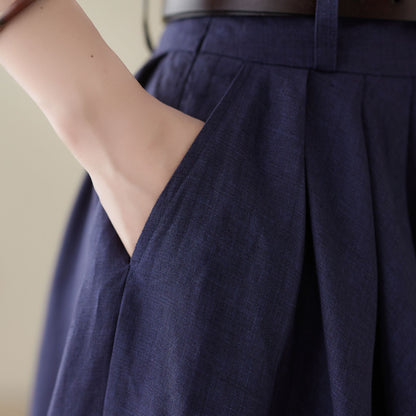 Navy Linen Pleated A-Line Skirt - High Waist Knee Length | Xiaolizi 4972