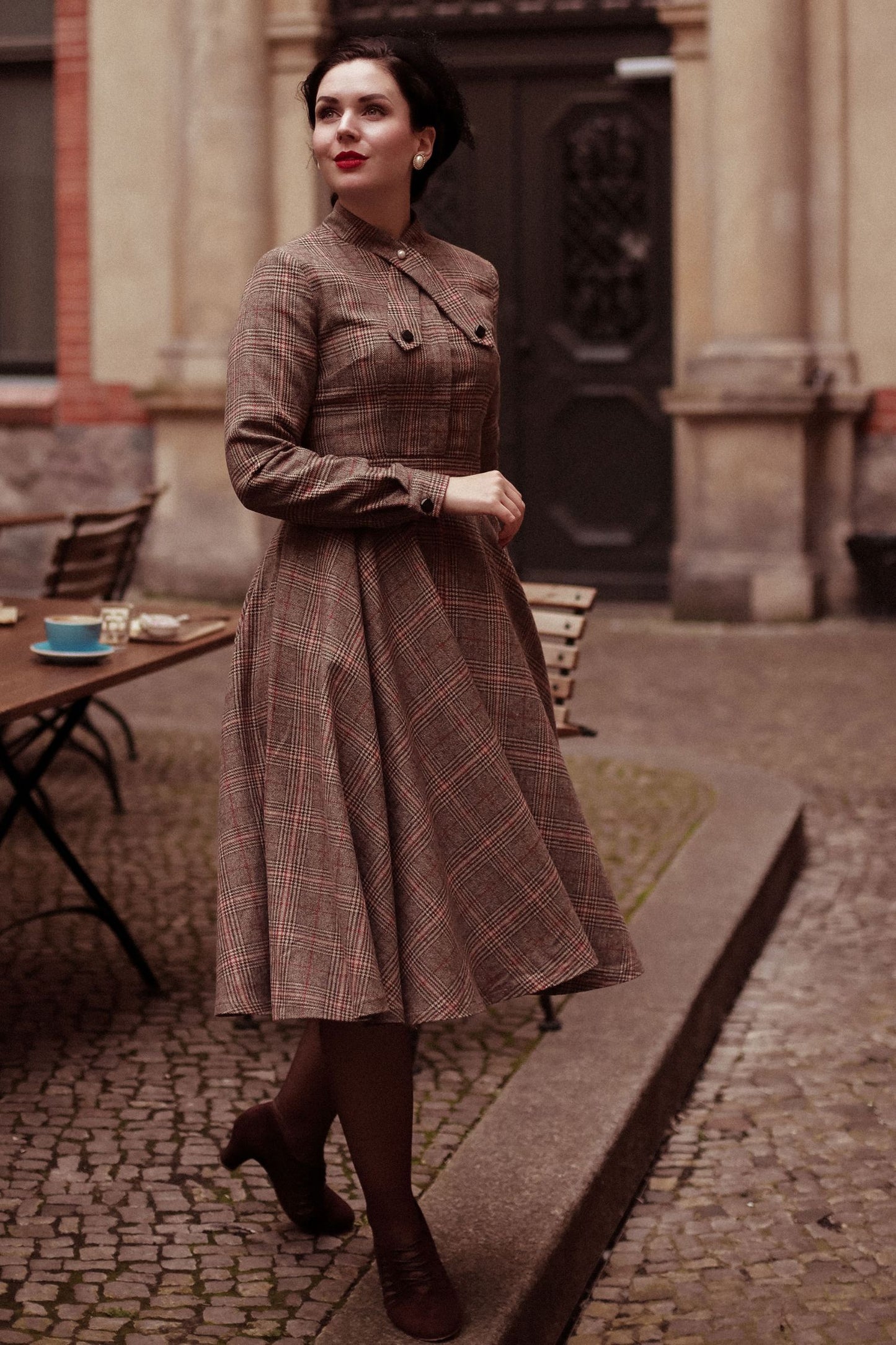 Brown Wool Plaid Dress - 1950s Fit & Flare Knee Length | Xiaolizi 2448