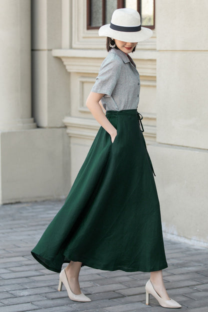 Green Linen Wrap Maxi Skirt - A-Line Flowy Silhouette 5748