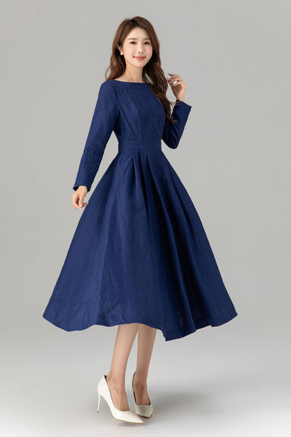 Navy Linen Midi Dress – Long Sleeve Fit and Flare Dress with Pockets 4925