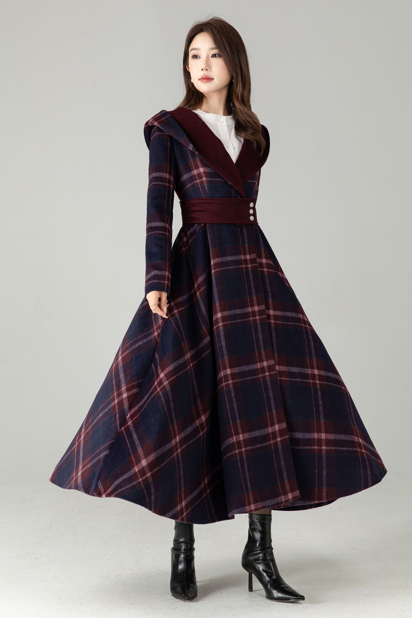 Plaid Hooded Wool Coat – A-Line Long Winter Coat with Contrast Lapel | Xiaolizi 6570