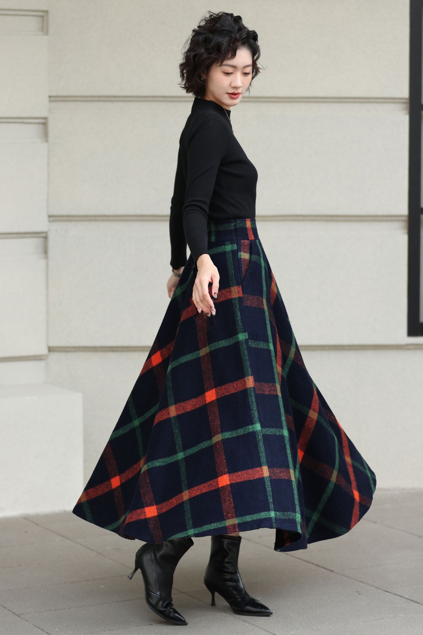 Xiaolizi Plaid Wool Maxi Skirt for Women – Handmade A-Line Winter Swing Skirt 6619