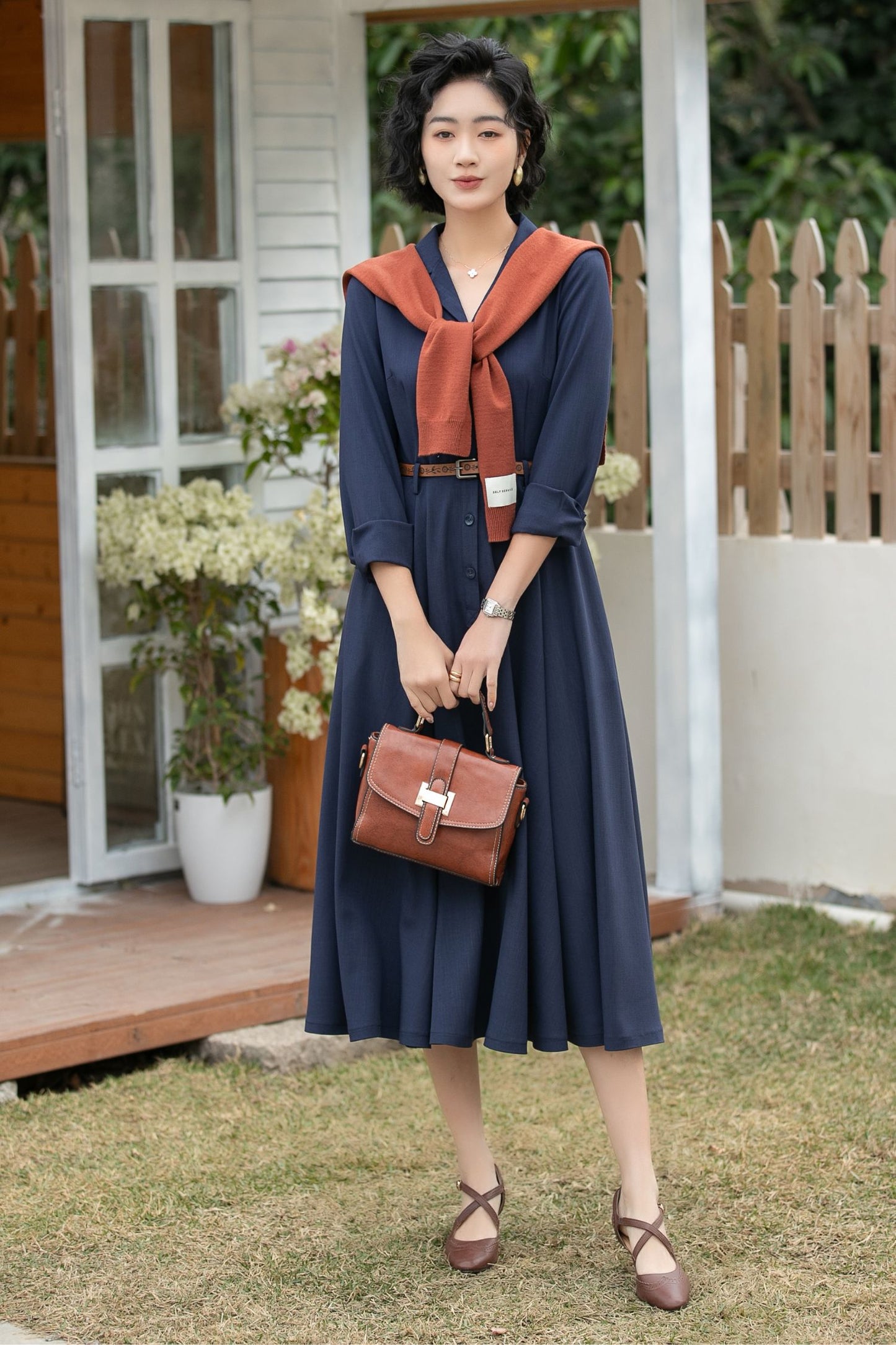 Xiaolizi Navy Linen Shirt Dress – Vintage A-Line Midi 6694-Size XS #CK2600163