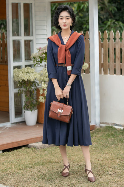Xiaolizi Navy Linen Shirt Dress – Vintage A-Line Midi 6694-Size XS #CK2600163