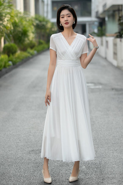 Handmade White Chiffon Maxi Dress – Vintage Empire Waist Dance Dress 6662