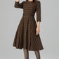 Brown Plaid Wool Dress – Vintage Fit & Flare Midi with 3/4 Sleeves | Xiaolizi 6393