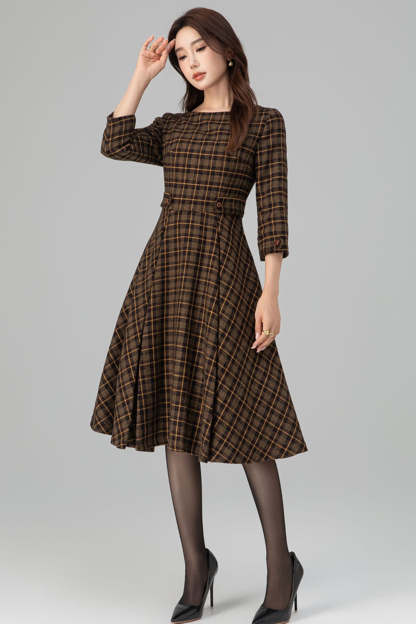 Brown Plaid Wool Dress – Vintage Fit & Flare Midi with 3/4 Sleeves | Xiaolizi 6393