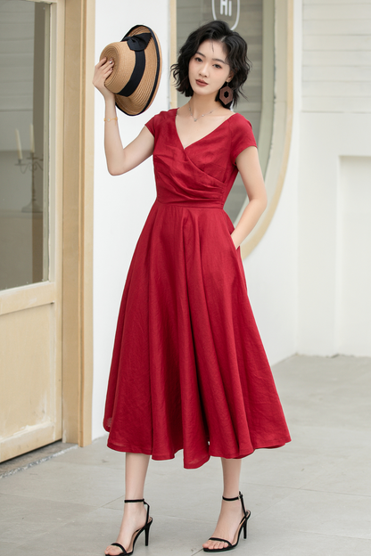 Red Linen Midi Dress - Fit and Flare A-Line with V-Neck 5831