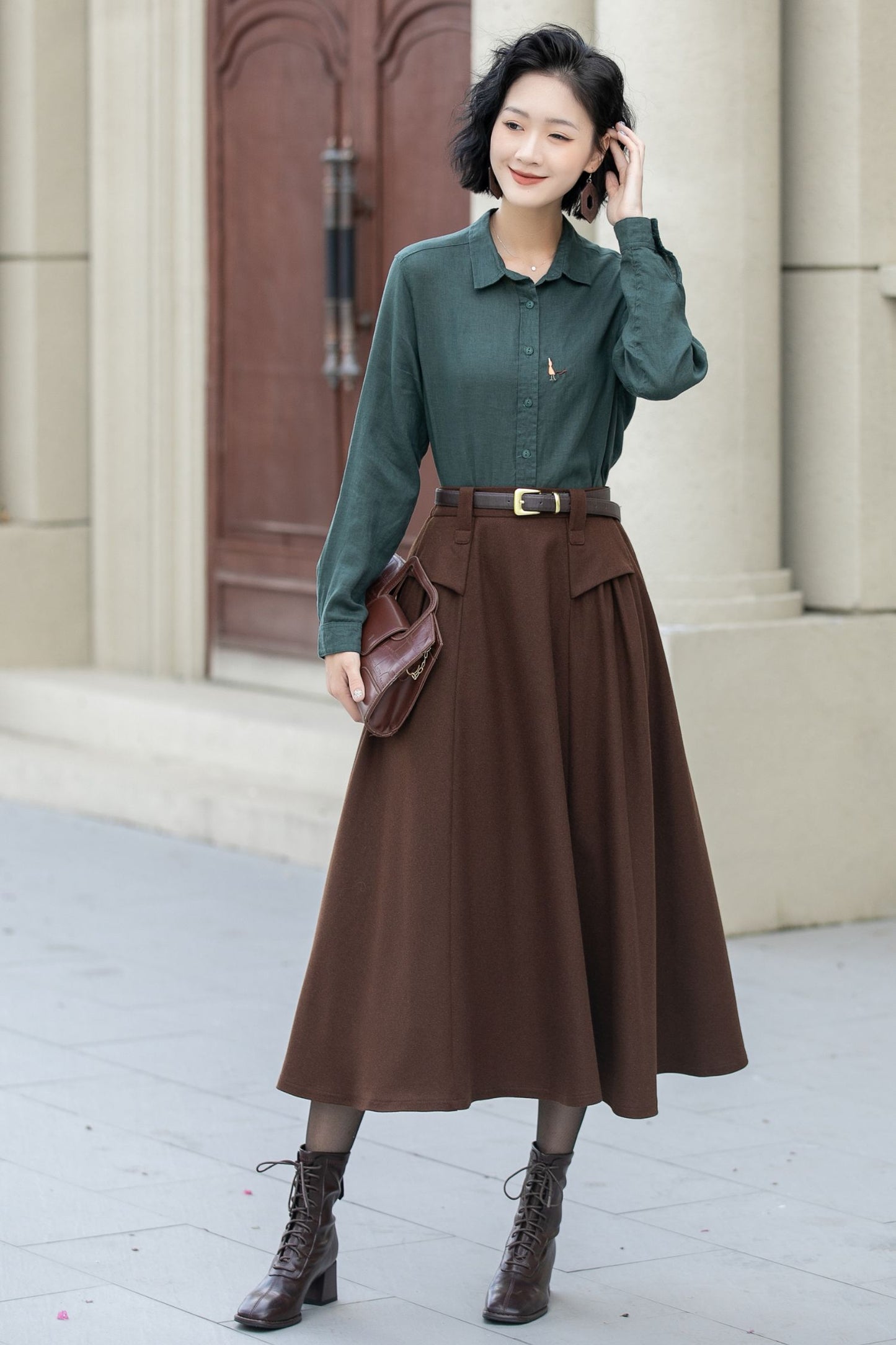 A line brown midi wool skirt women 5356