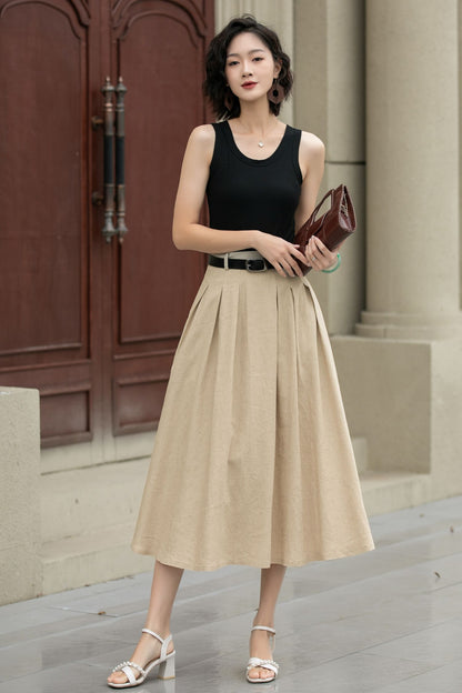 Pleated midi beige linen skirt with pockets 5237