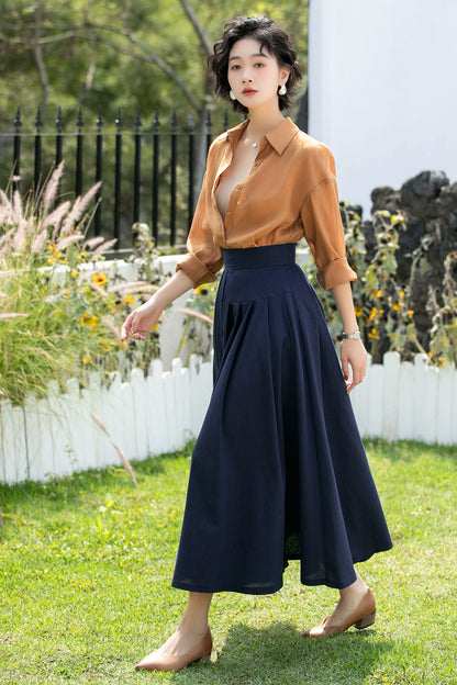 Deep Navy Linen Cotton Midi Skirt High Waist | Xiaolizi 6736- Size XS #CK2600283