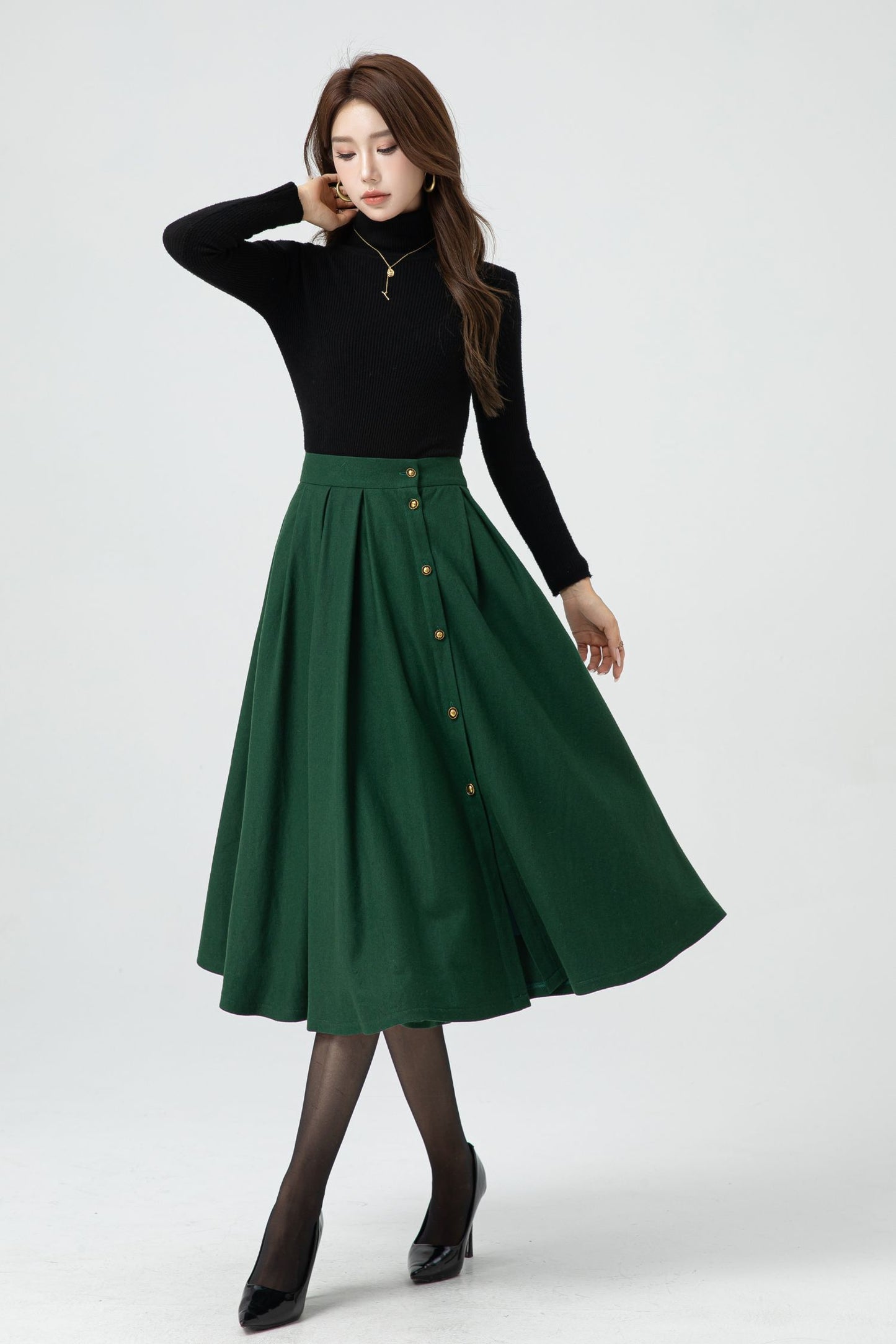 Button front green midi wool skirt 5322