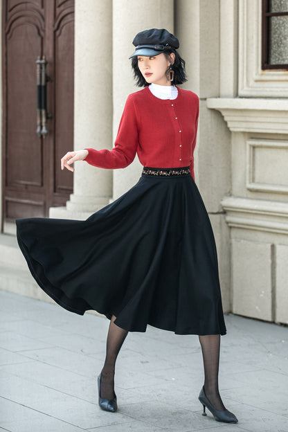 Vintage Black Wool Midi Skirt – Embroidered Waist Circle Skirt  5310