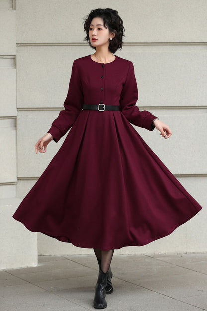 Burgundy Handmade Wool Midi Dress – Vintage Long Sleeve Winter Style 6618