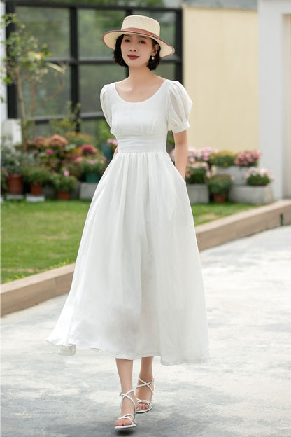 White Linen swing Wedding Dress 5983