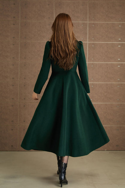 Green Wool Midi Coat - Fit and Flare Double Breasted Winter Outerwear 5368