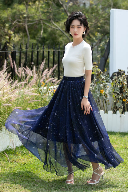 Navy Chiffon Maxi Skirt - Starry Sheer A-Line | Xiaolizi 6744