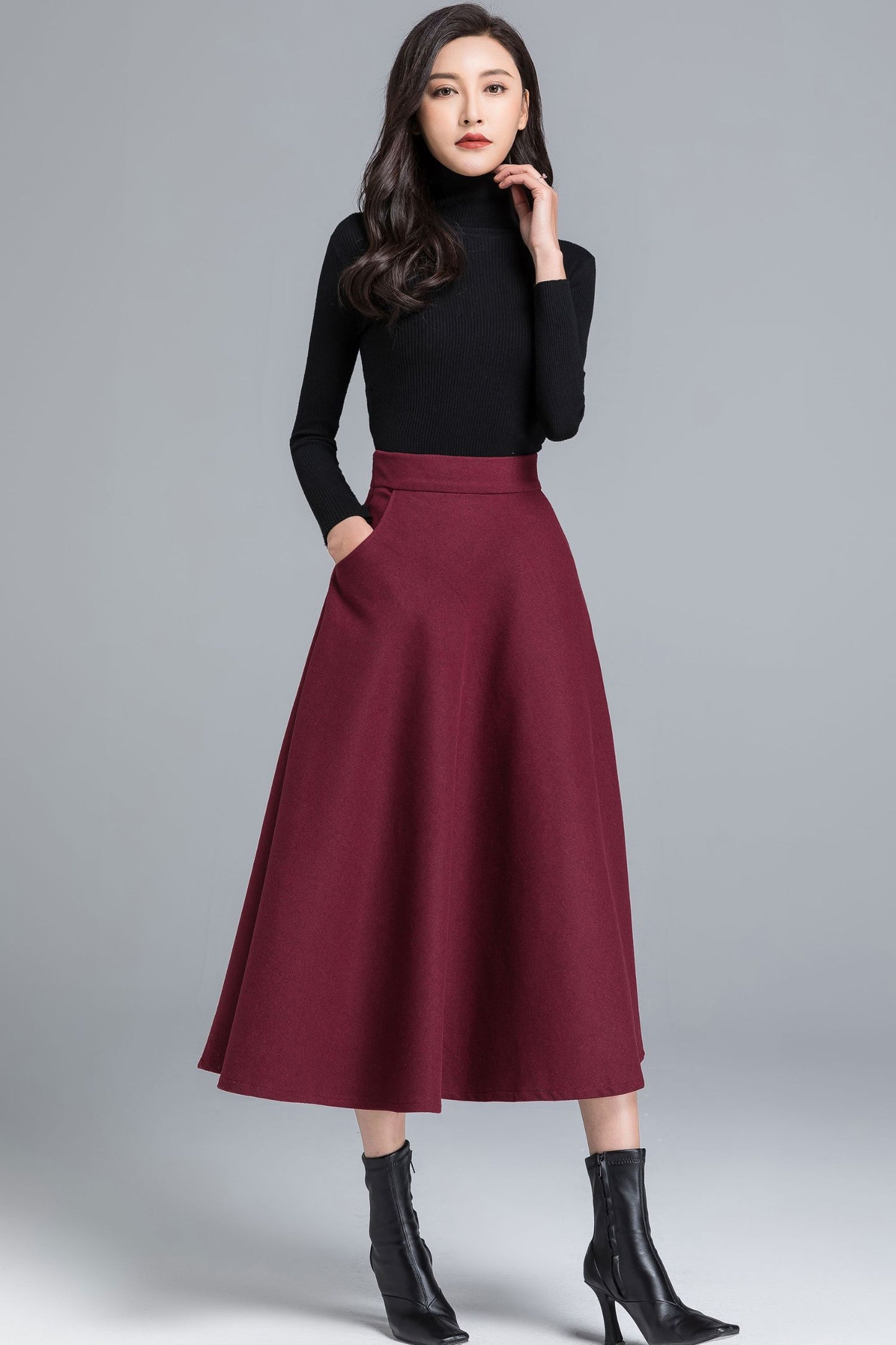 Burgundy Midi Winter Wool Skirt 2490