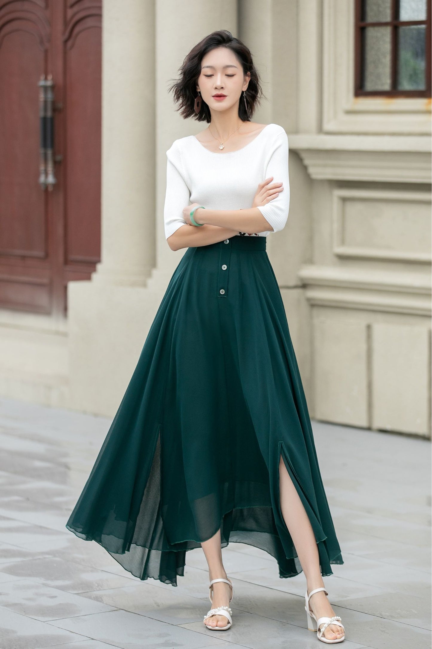 Maxi dark green summer chiffon skirt women 5220