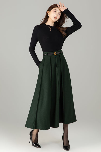 Army Green Wool Maxi Skirt - A-Line Vintage Elegance 6497
