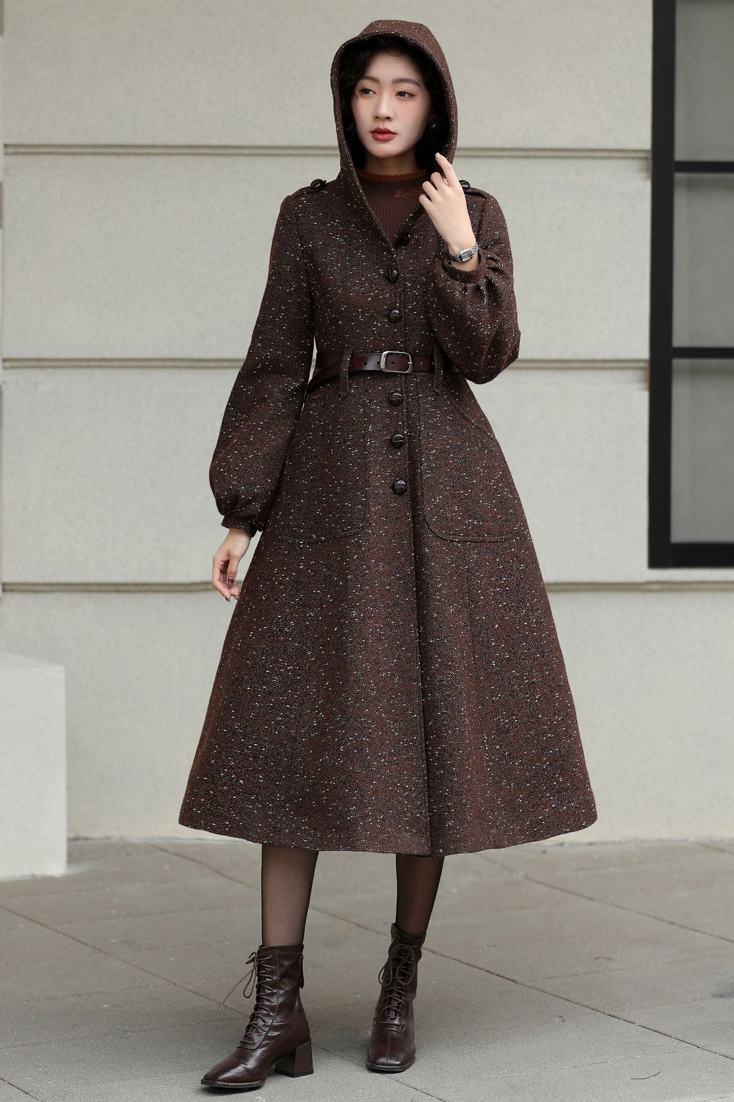 Xiaolizi Handmade Vintage Wool Coat – Brown Hooded Belted Swing Winter Coat 6610