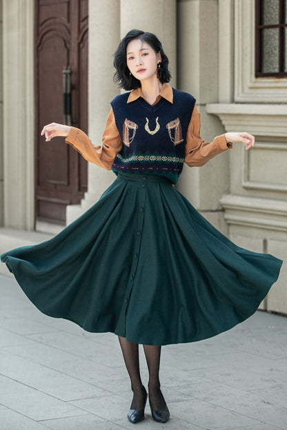 Dark Green Wool Midi Skirt - Flared A-Line with Elastic Waist 5311