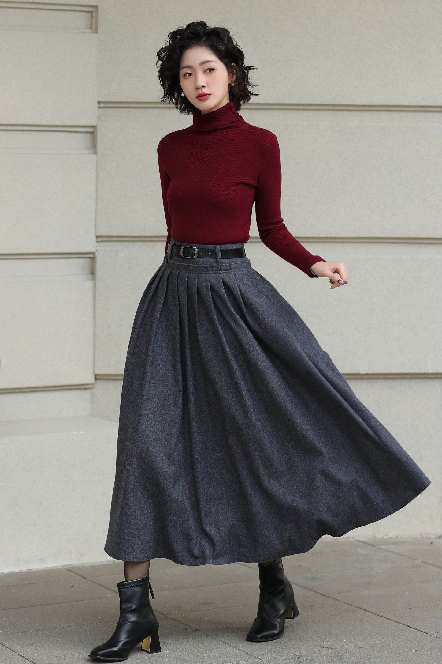 Handmade Vintage Wool Skirt – Gray Pleated A-Line Midi Skirt for Winter 6613