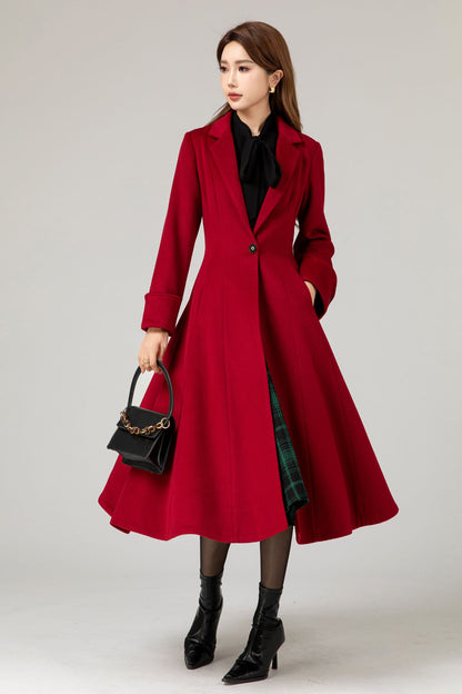 Red Wool Princess Coat - Fitted Waist, Flared Silhouette 5480