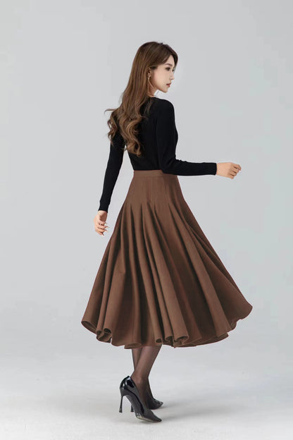 Brown Wool Midi Skirt – High Waist Flared A-Line Skirt | Vintage Winter Style 5392