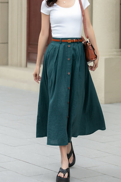 Dark Green Linen Midi Skirt - A-Line with Button Detail 4970