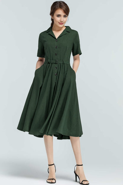 Green Linen-Cotton Midi Shirt Dress - Belted Vintage Swing 5764