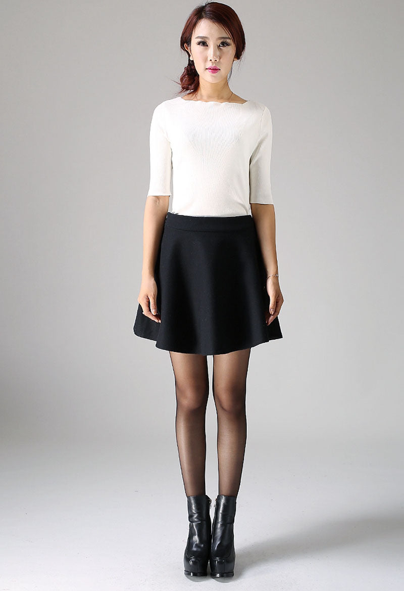 Black Wool Blend Mini Skirt - High Waisted A-Line Pleated 1101