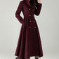 Hooded Burgundy Wool Coat – Elegant Double-Breasted Long Swing Coat | Xiaolizi 6573