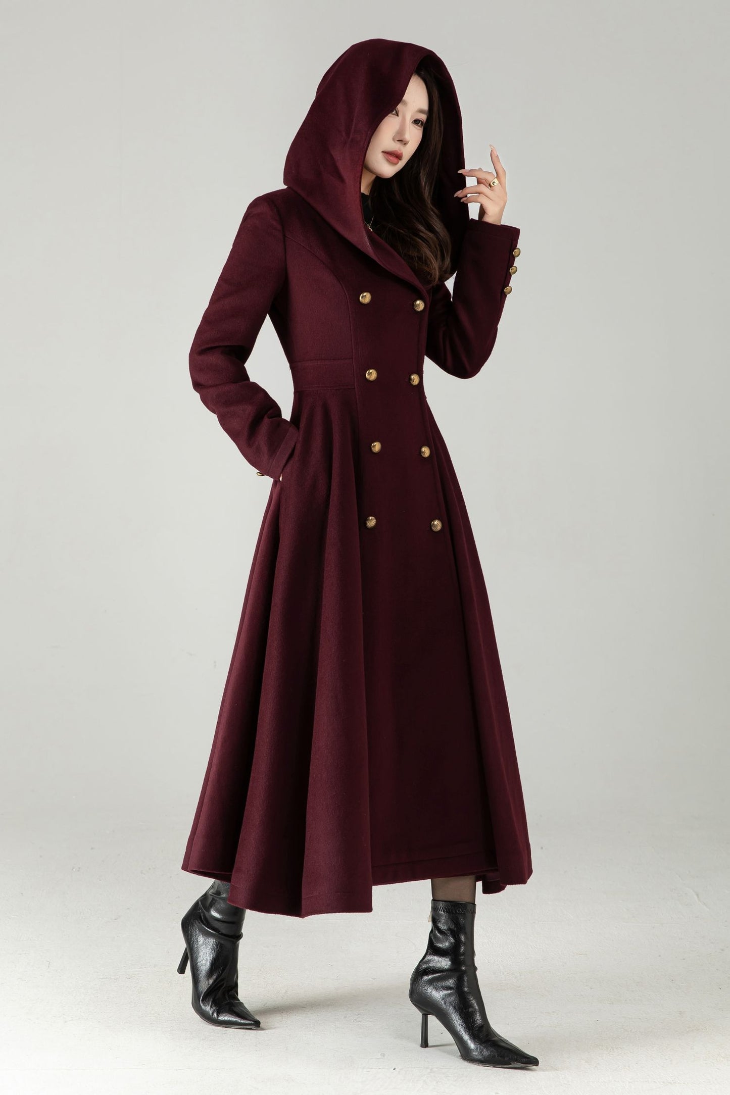 Hooded Burgundy Wool Coat – Elegant Double-Breasted Long Swing Coat | Xiaolizi 6573