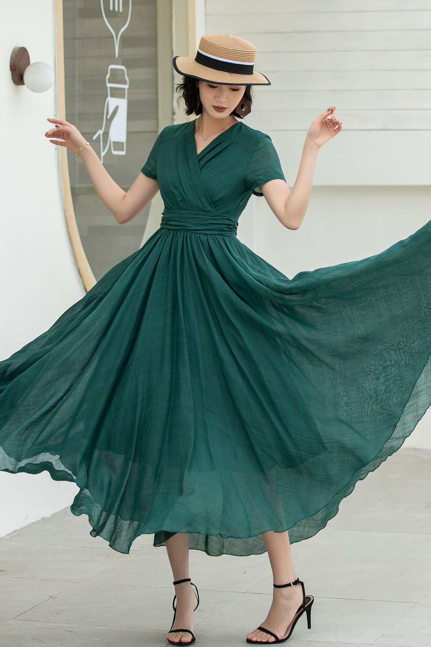 Green Maxi Pleated linen dress 5832
