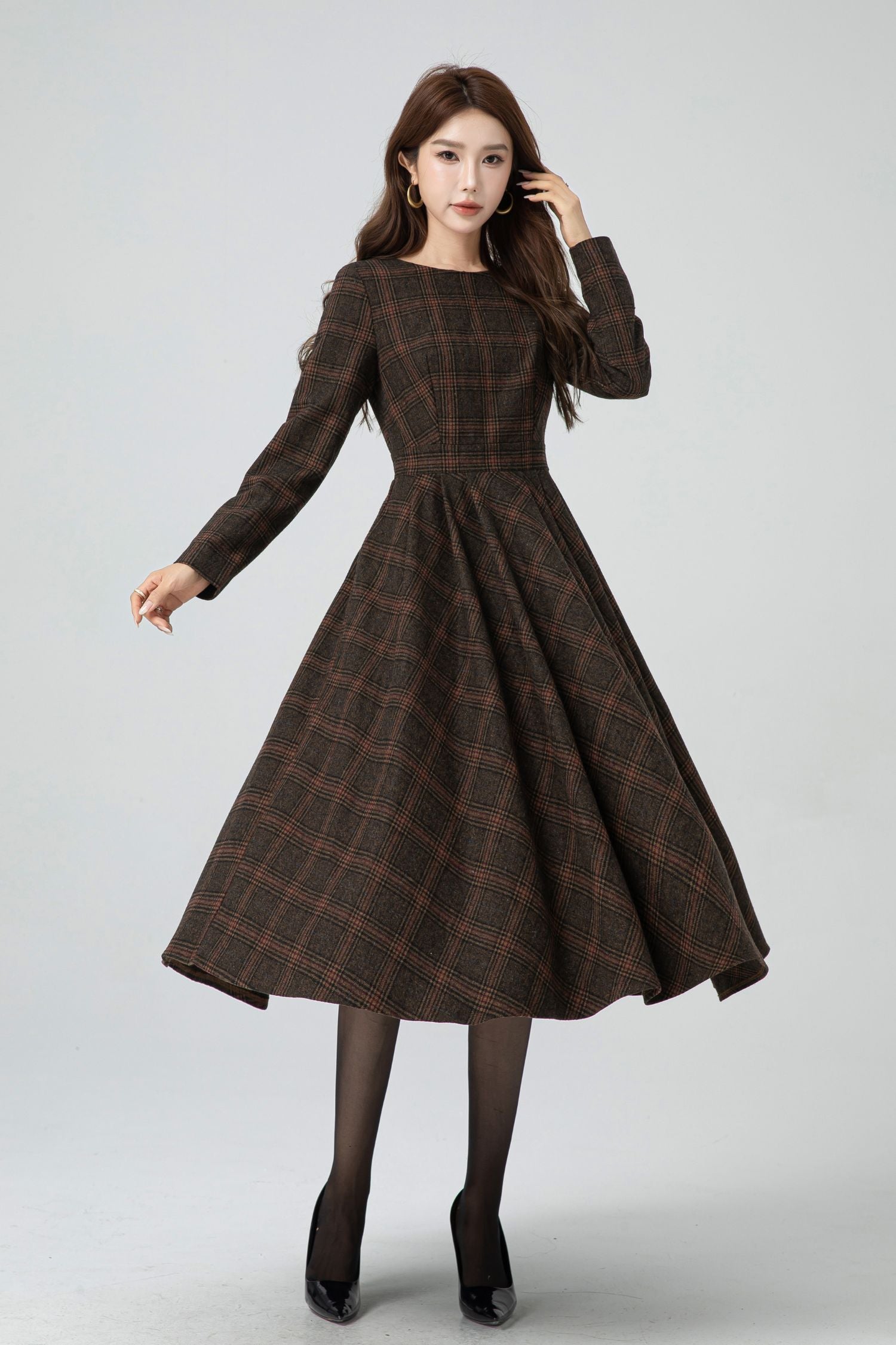 Retro Plaid Wool Midi Dress A-Line Silhouette for Fall Style 5303 - plaid / XS Retro Plaid Wool Midi Dress A-Line Silhouette for Fall Style 5303 - plaid / XS