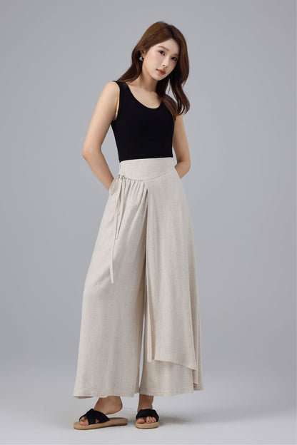 Beige Linen Cotton Wrap Pant - Wide Leg, Tie Belt Design | Xiaolizi 6763