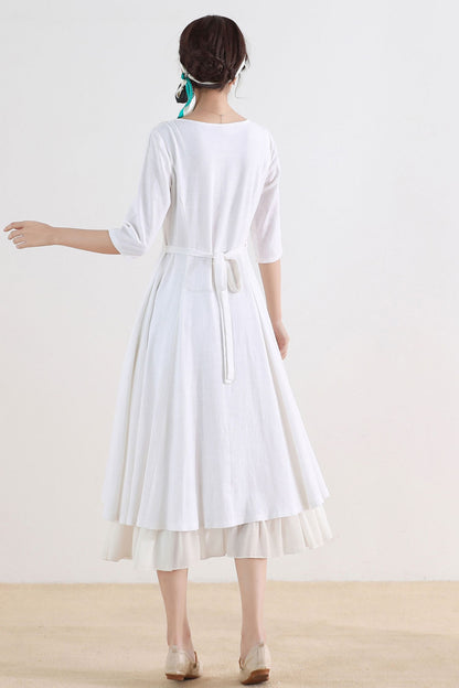 White Linen Summer High-Low Dress with Flowy Hem 2517