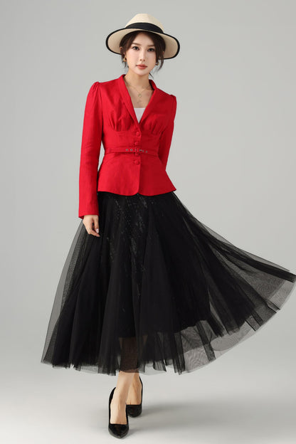 Linen Two-Piece Set - Vintage Blazer & Circle Midi Skirt | Xiaolizi 5759