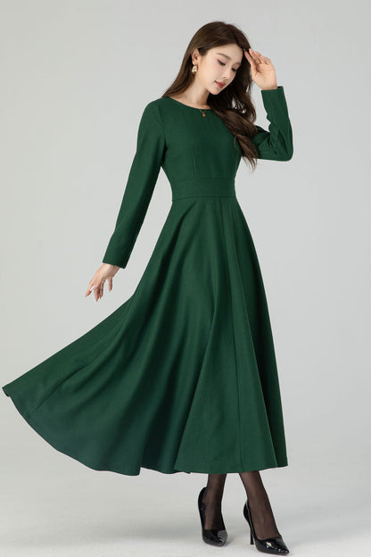 Green Wool Maxi Dress – Women’s Long Sleeve Fit and Flare Winter Dress 4551