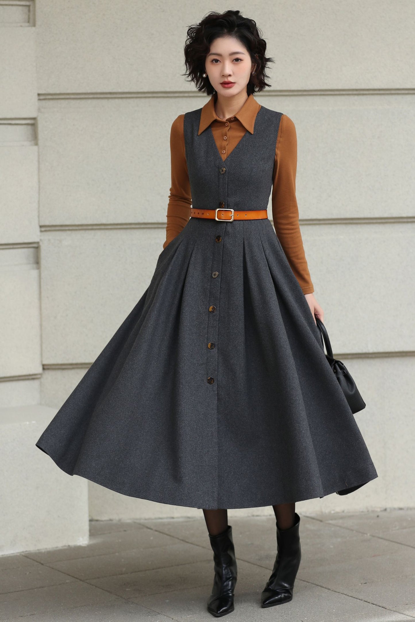 Gray Handmade Wool Pinafore Midi Dress – Vintage A-Line Style 6614