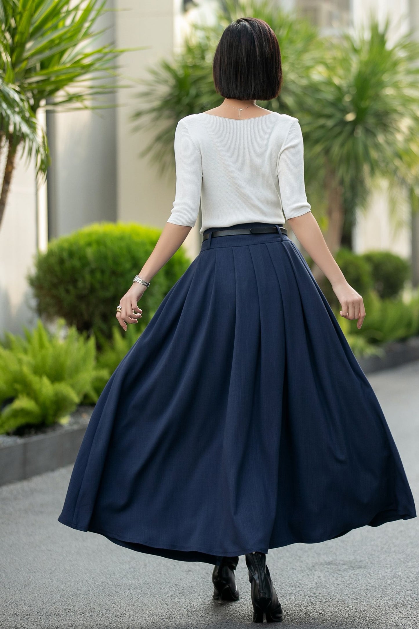 Navy Pleated Maxi Skirt – High Waist A-Line Work Skirt with Pockets 6663 -Size xs #CK2600017