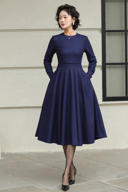 Blue Wool Midi Dress - Swing Fit & Flare Silhouette 6506