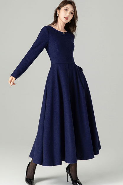 Navy Blue Wool Blend Midi Dress – Handmade Fit & Flare Winter Elegance 4493