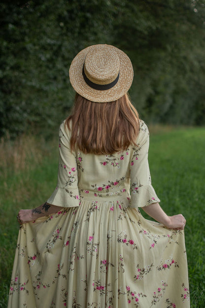 Beige Linen Maxi Dress - Vintage Floral Fit and Flared 3053